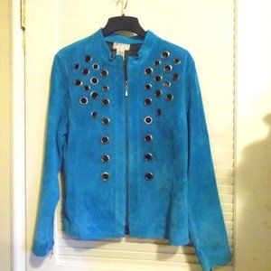 Victor Costa Turquoise Color Suede Leather Jacket Size Large